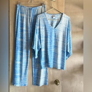 Natori Pajama Set Blue Cream Striped Kimono Sleeve Lounge Sz S Cotton Blend